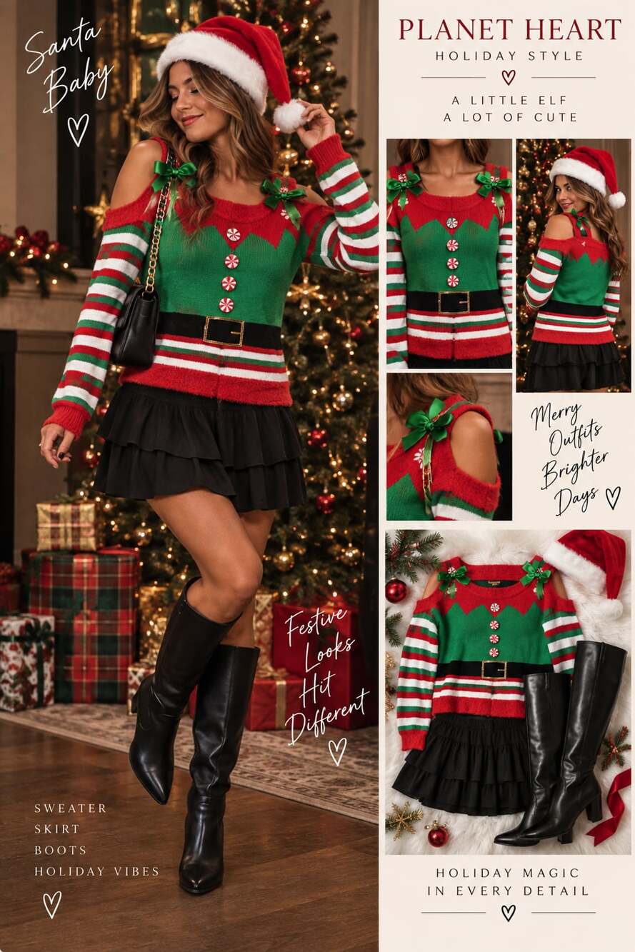 Planet Heart Juniors Elf Cold-Shoulder Christmas Sweater Dress Size L